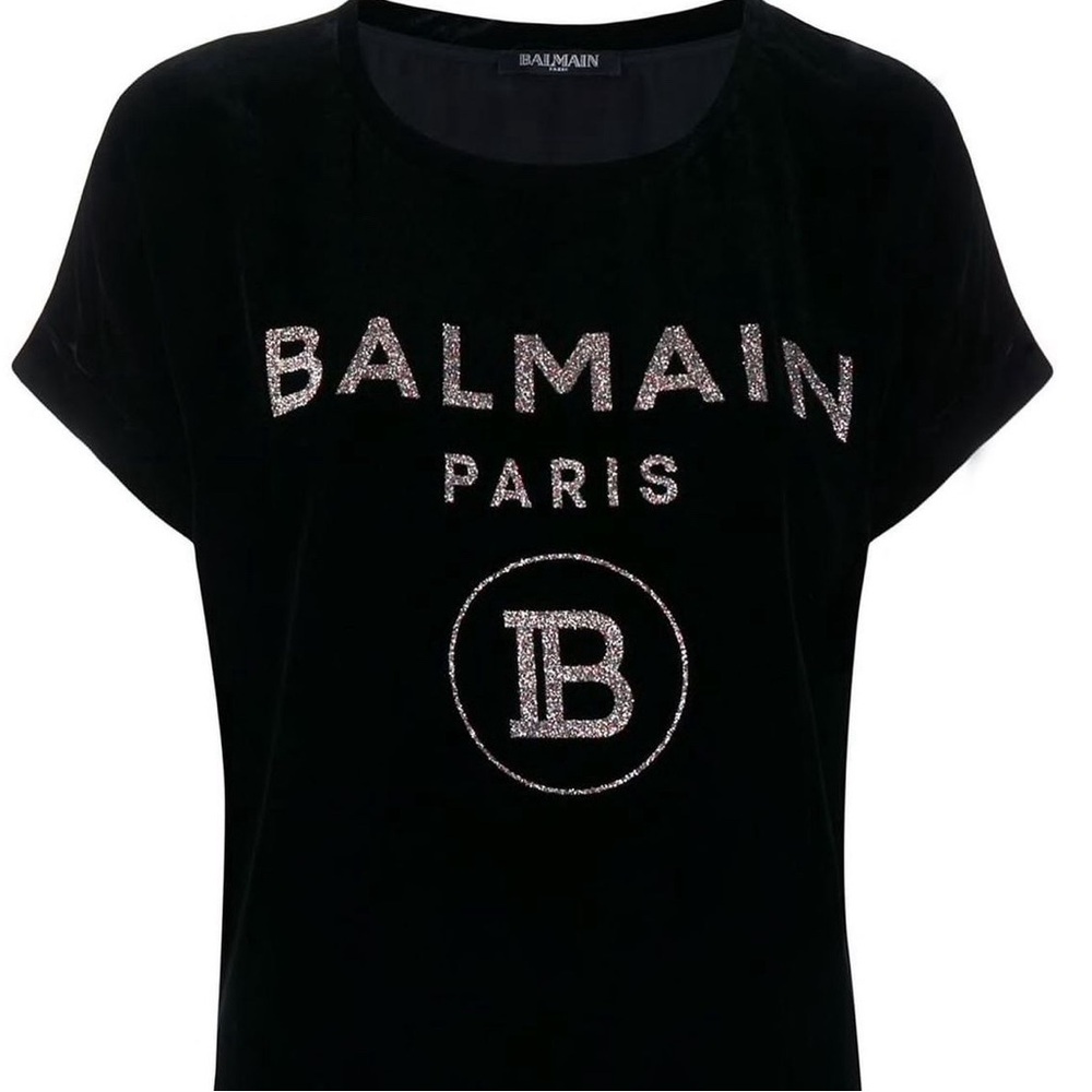 BALMAIN Velvet glitter logo top